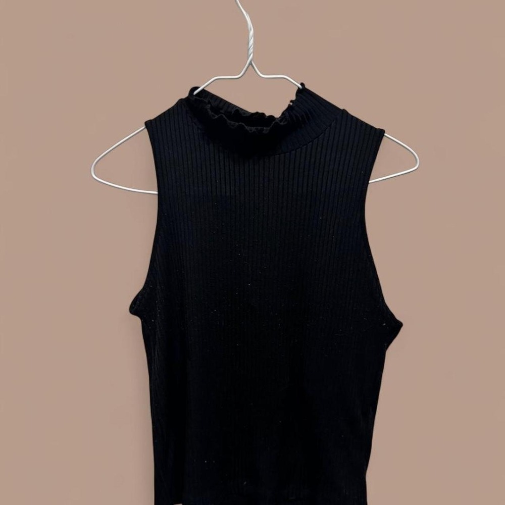 Zara Black Ribbed Mock Neck Sleeveless Top Womens Large Minimalist 90s Ruffle